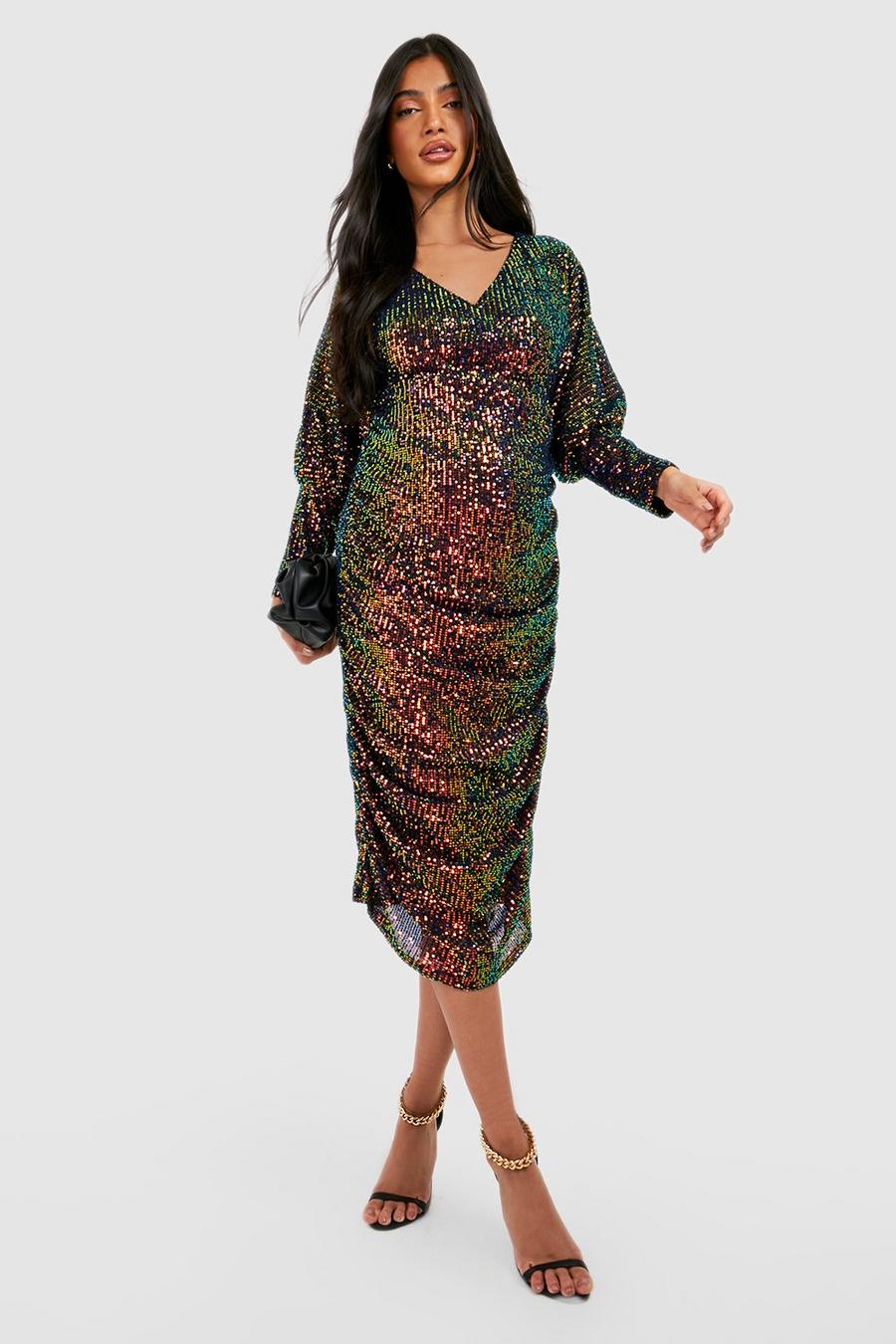 Black Maternity Sequin Batwing Ruched Midi Dress image number 1