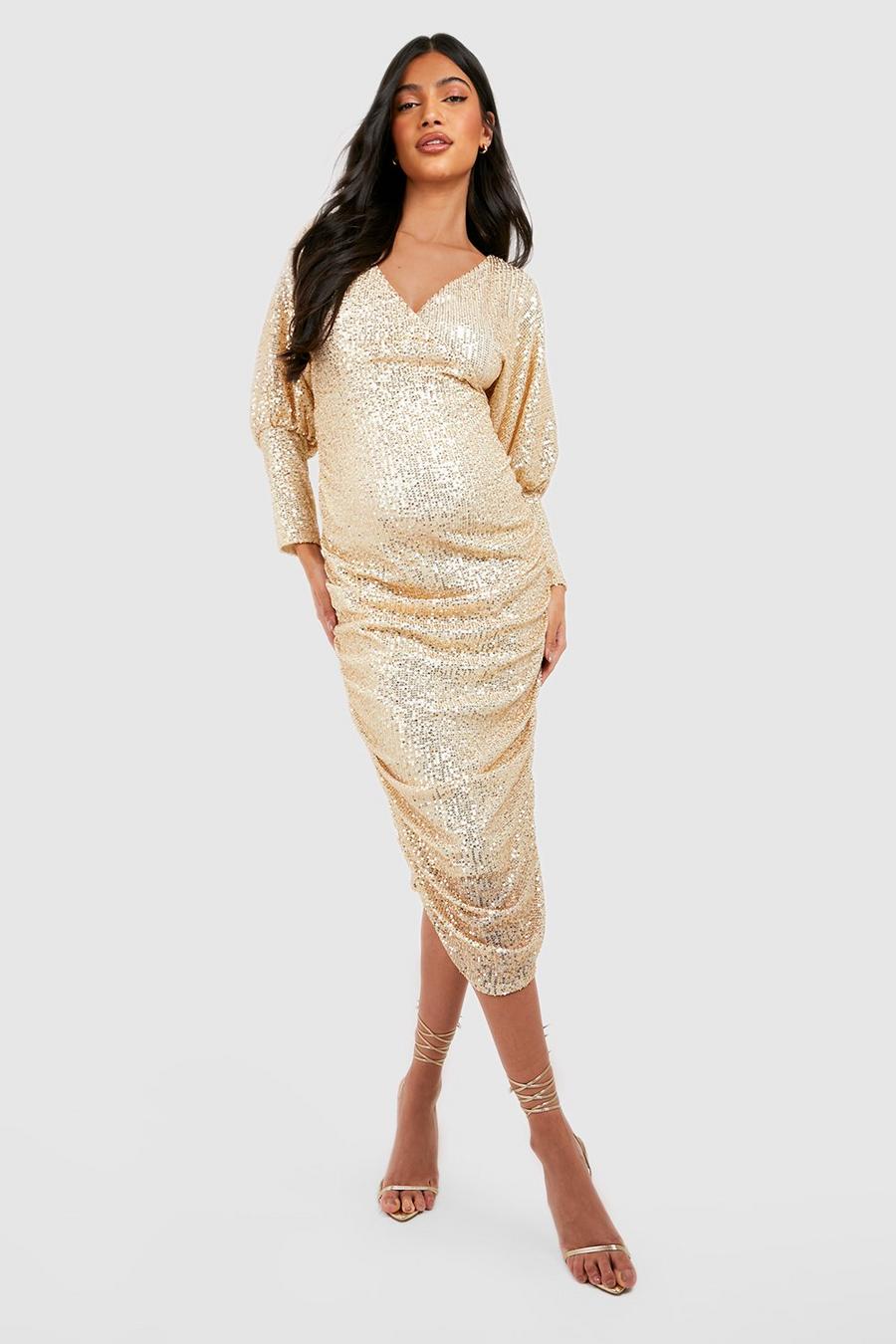 Gold metallic Maternity Sequin Batwing Ruched Midi Dress