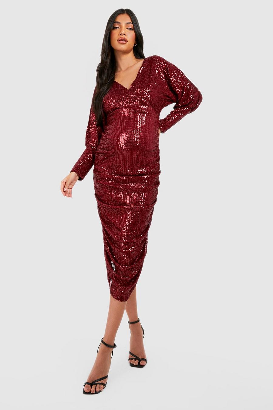 Wine Maternity Sequin Batwing Ruched Midi Dress