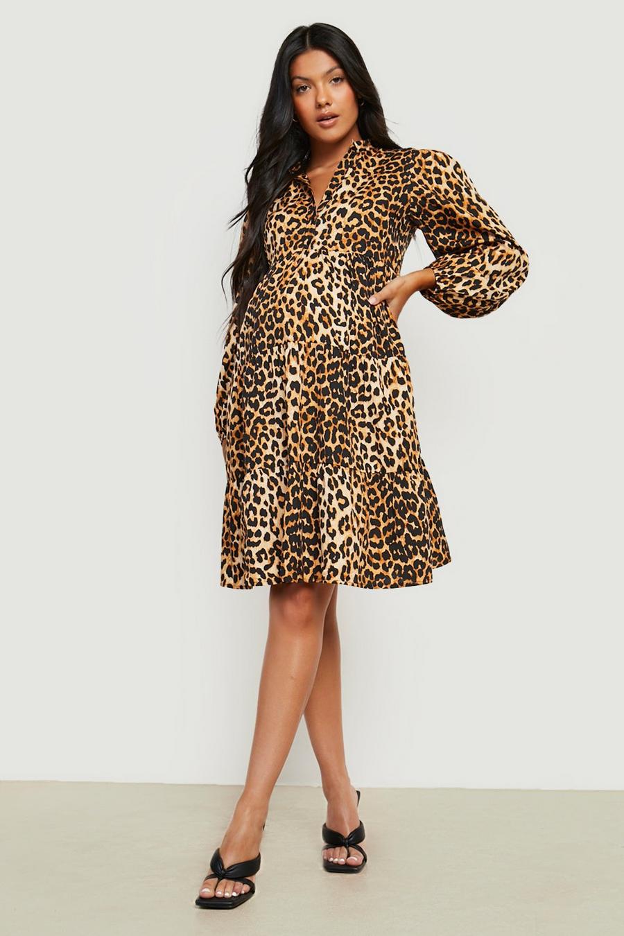 Vestido holgado Premamá escalonado con estampado de leopardo, Leopard image number 1