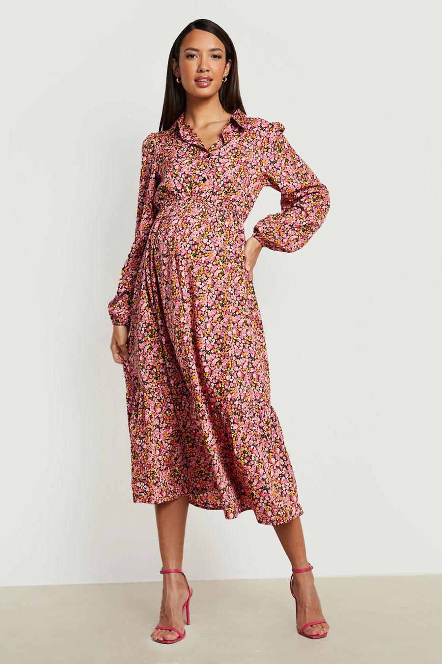 Maternity Floral Tiered Shirt Midi Dress image number 1