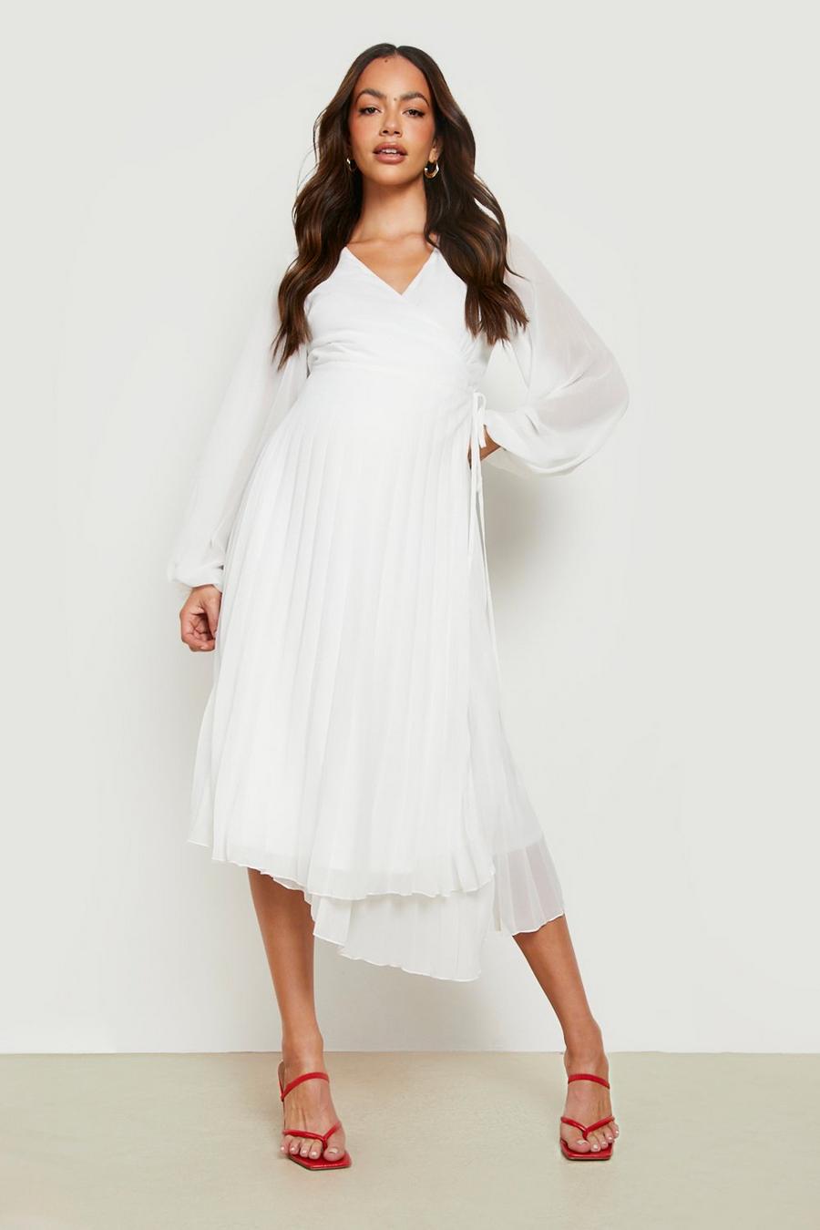 Ivory white Maternity Long Sleeve Wrap Pleated Midi Dress image number 1