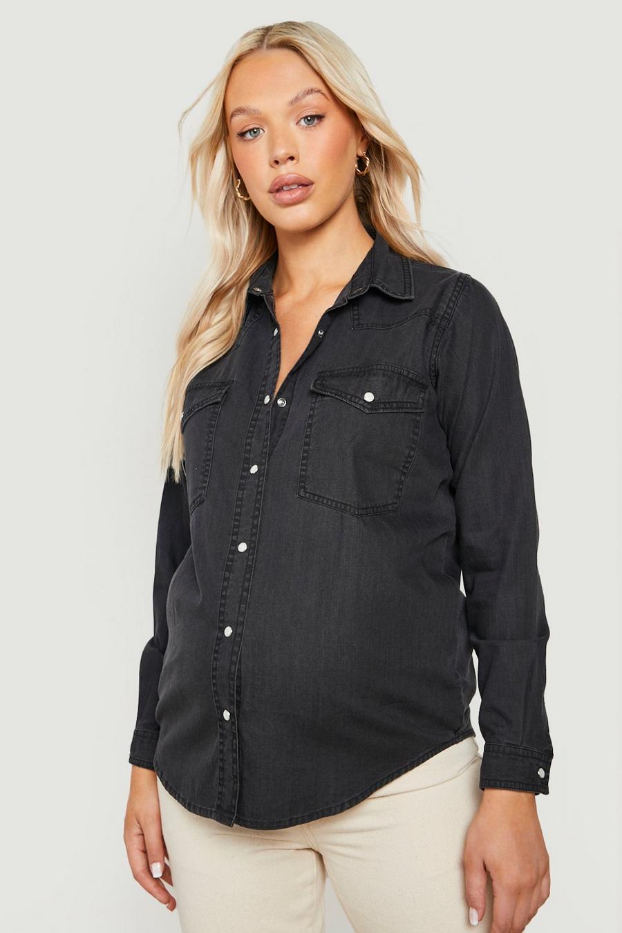 Black Maternity Oversized Denim Shirt image number 1