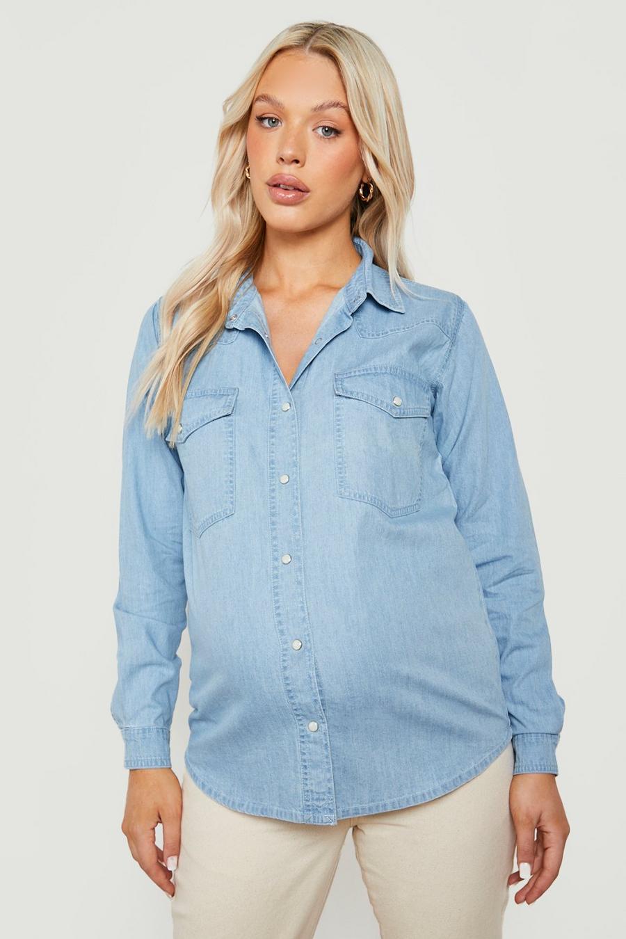 Blue Maternity Oversized Denim Shirt image number 1