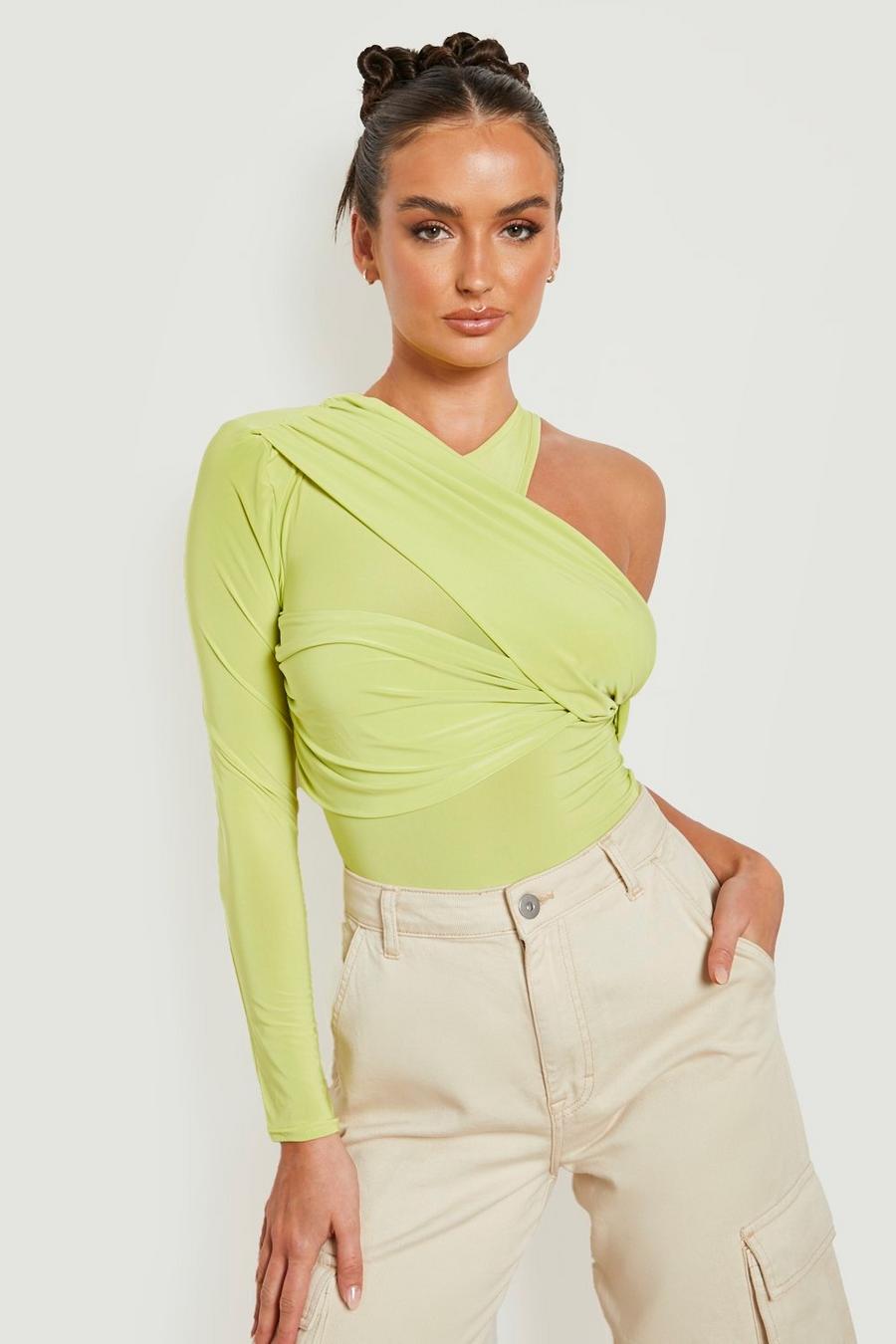 Washed lime yellow One Shoulder Twist Detail Slinky Bodysuit image number 1