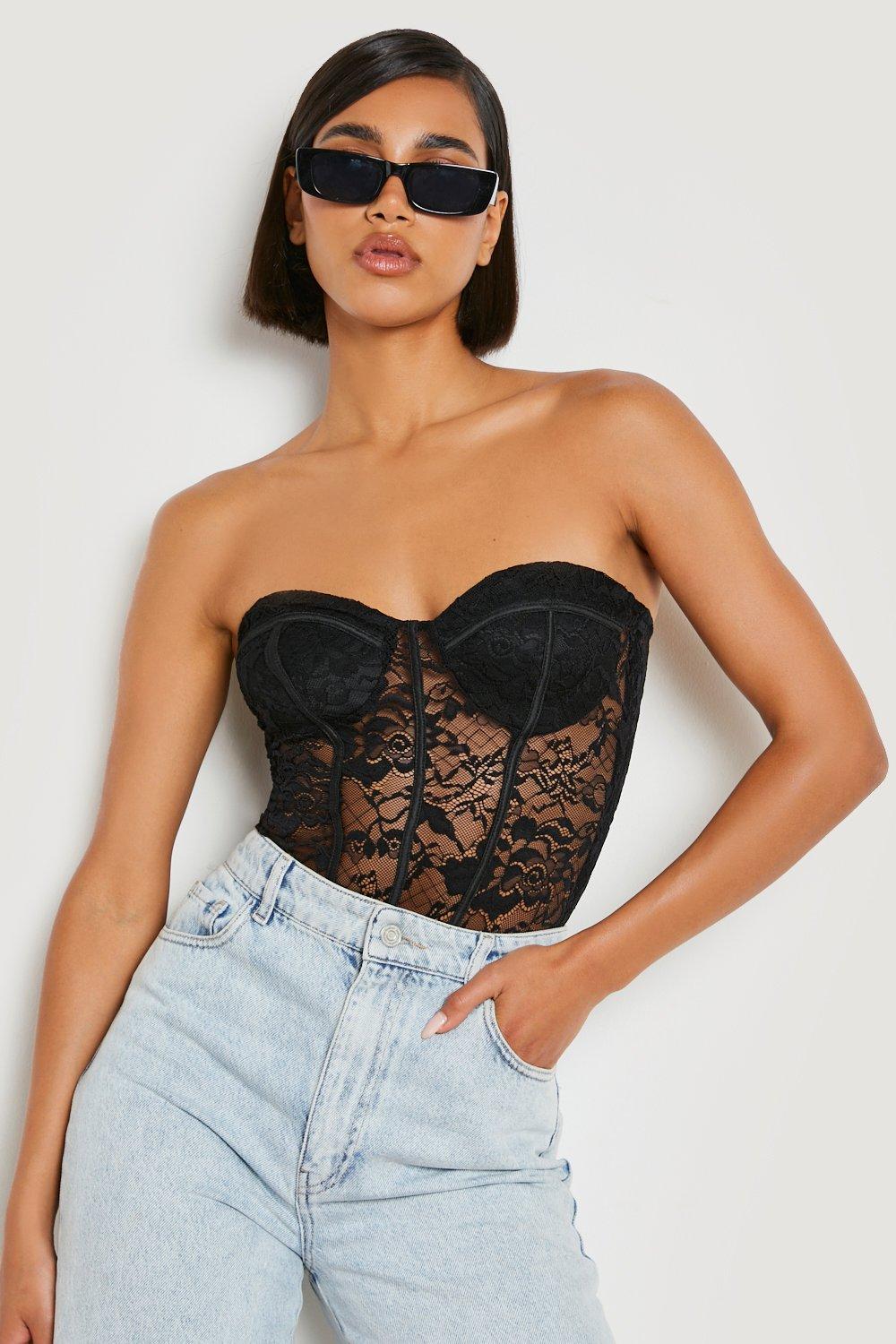 Black Premium Lace Bandeau Corset Bodysuit