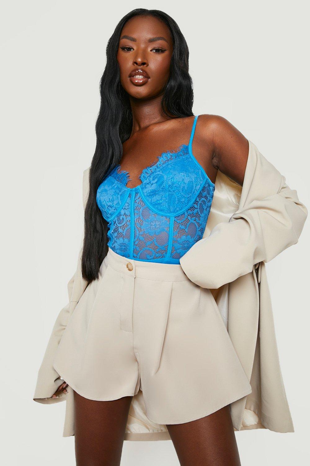 Women's Blue Premium Lace Cupped Bodysuit | Boohoo UK