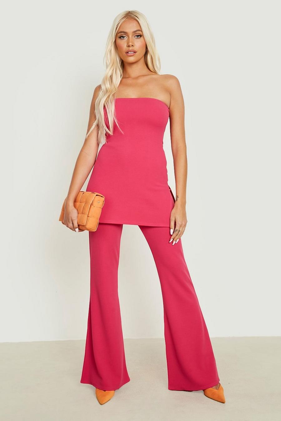 Bright pink Longer Length Bandeau & Flared Trousers 