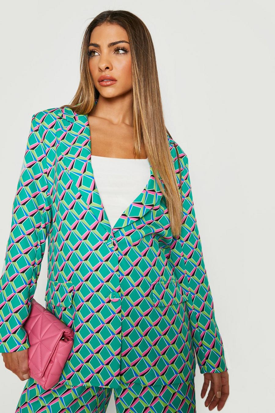 Bright green Retro Print Relaxed Fit Blazer image number 1