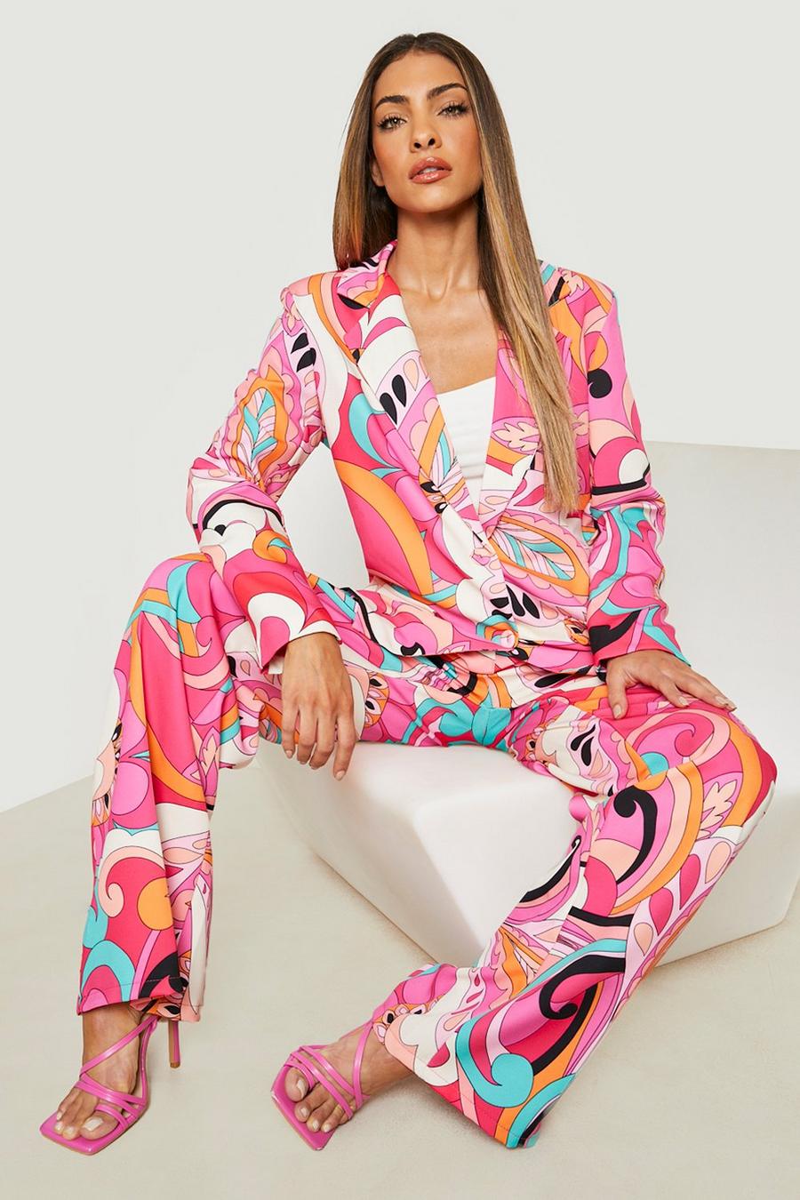 Pink Abstract Print Wide Leg Trousers
