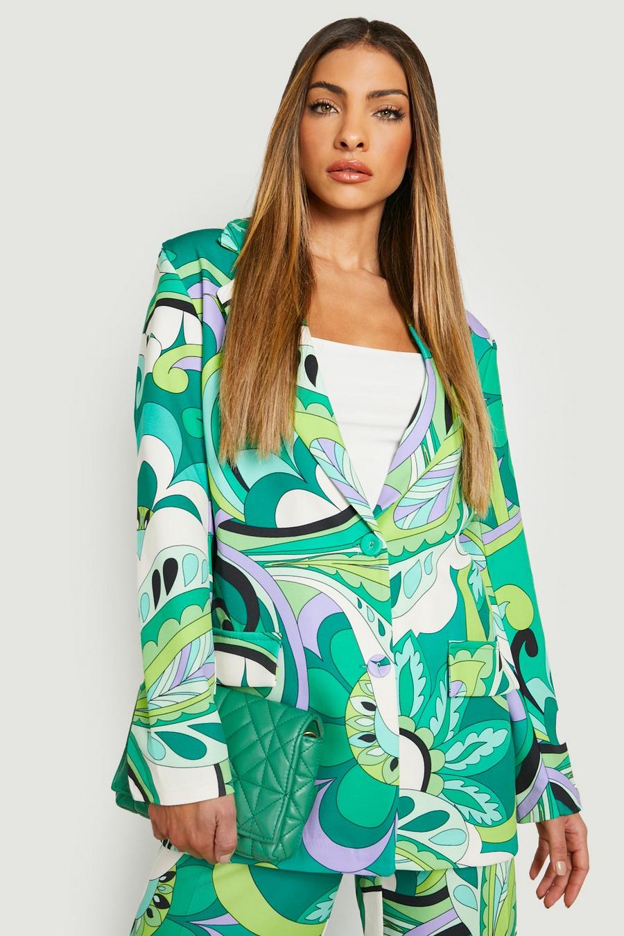 Bright green Abstract Print Relaxed Fit Blazer image number 1