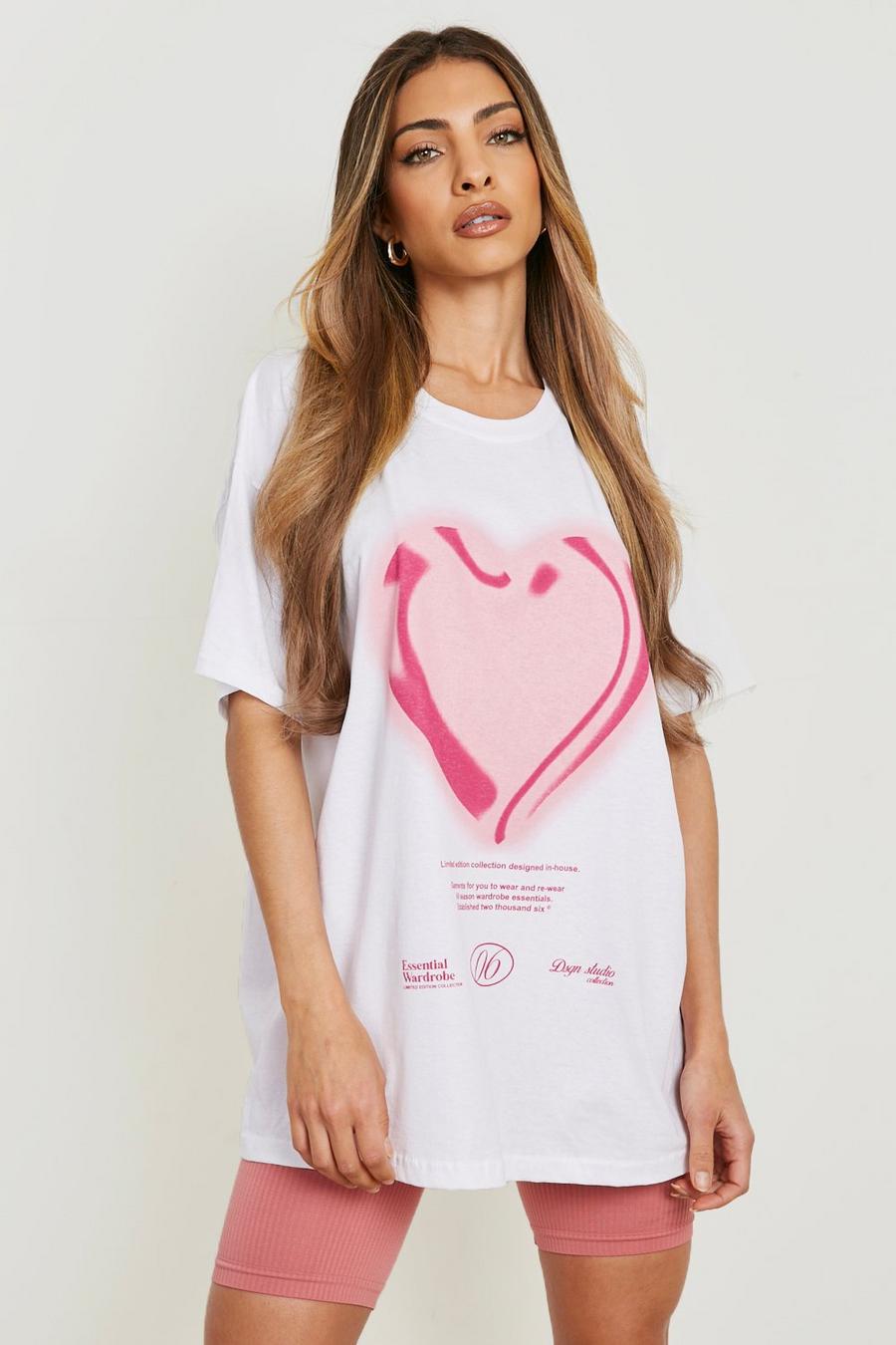 Camiseta oversize con estampado de corazón, White image number 1