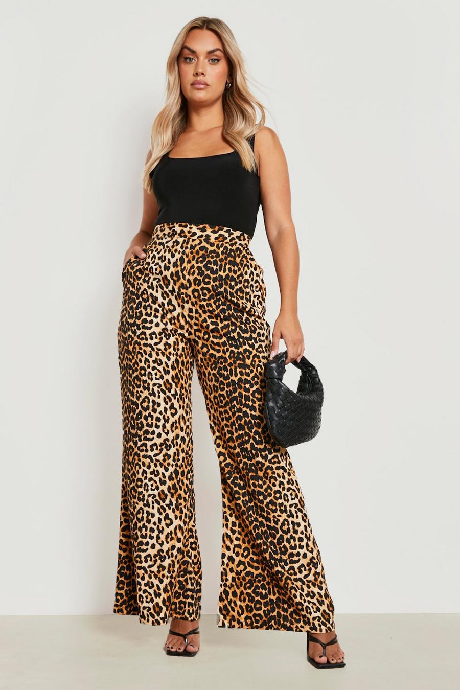 Brown Plus Leopard Print Woven Wide Leg Trousers