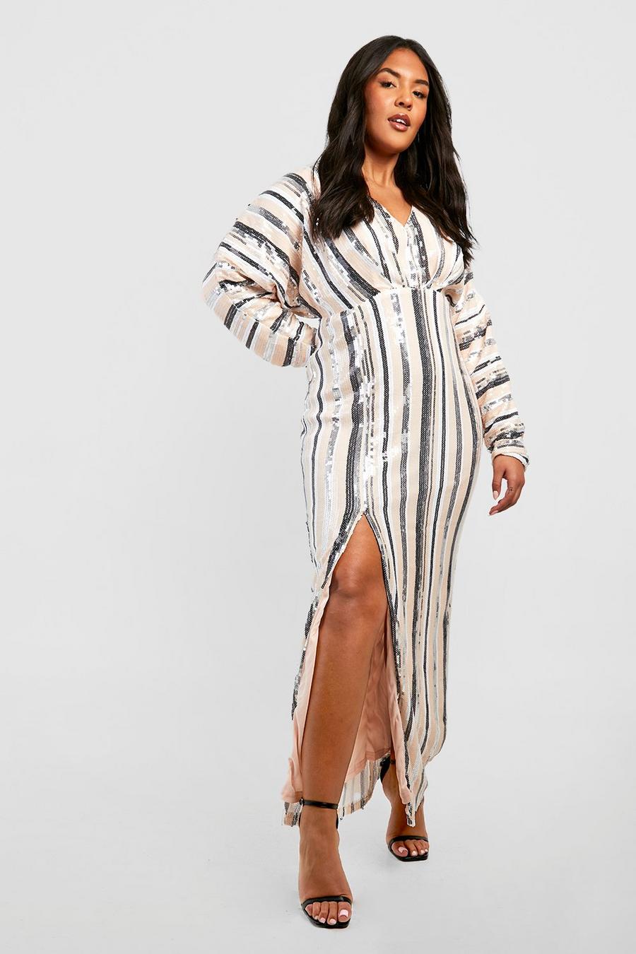 Nude color carne Plus Sequin Stripe Split Maxi Dress