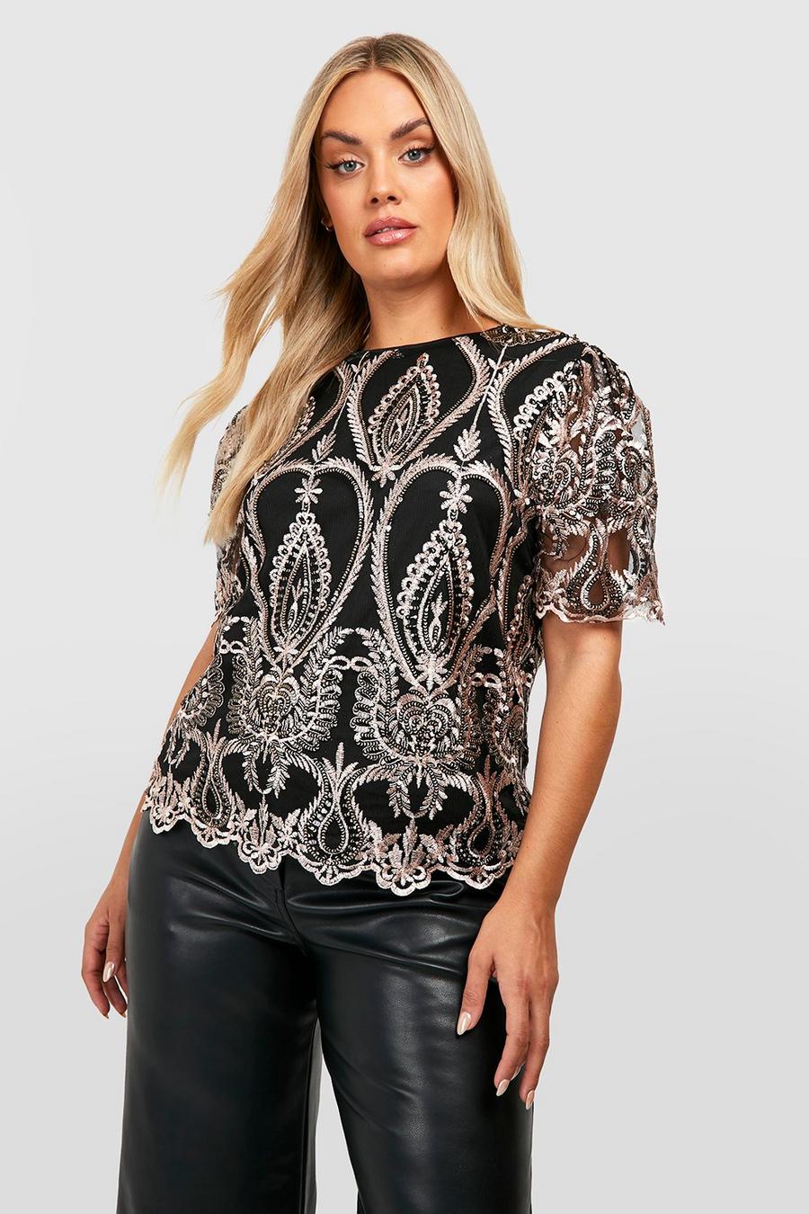 Champagne Plus Damask Sequin Puff Sleeve Top