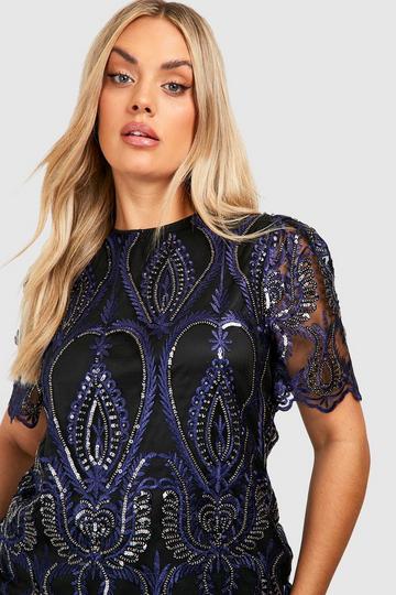 Plus Damask Sequin Puff Sleeve Top navy