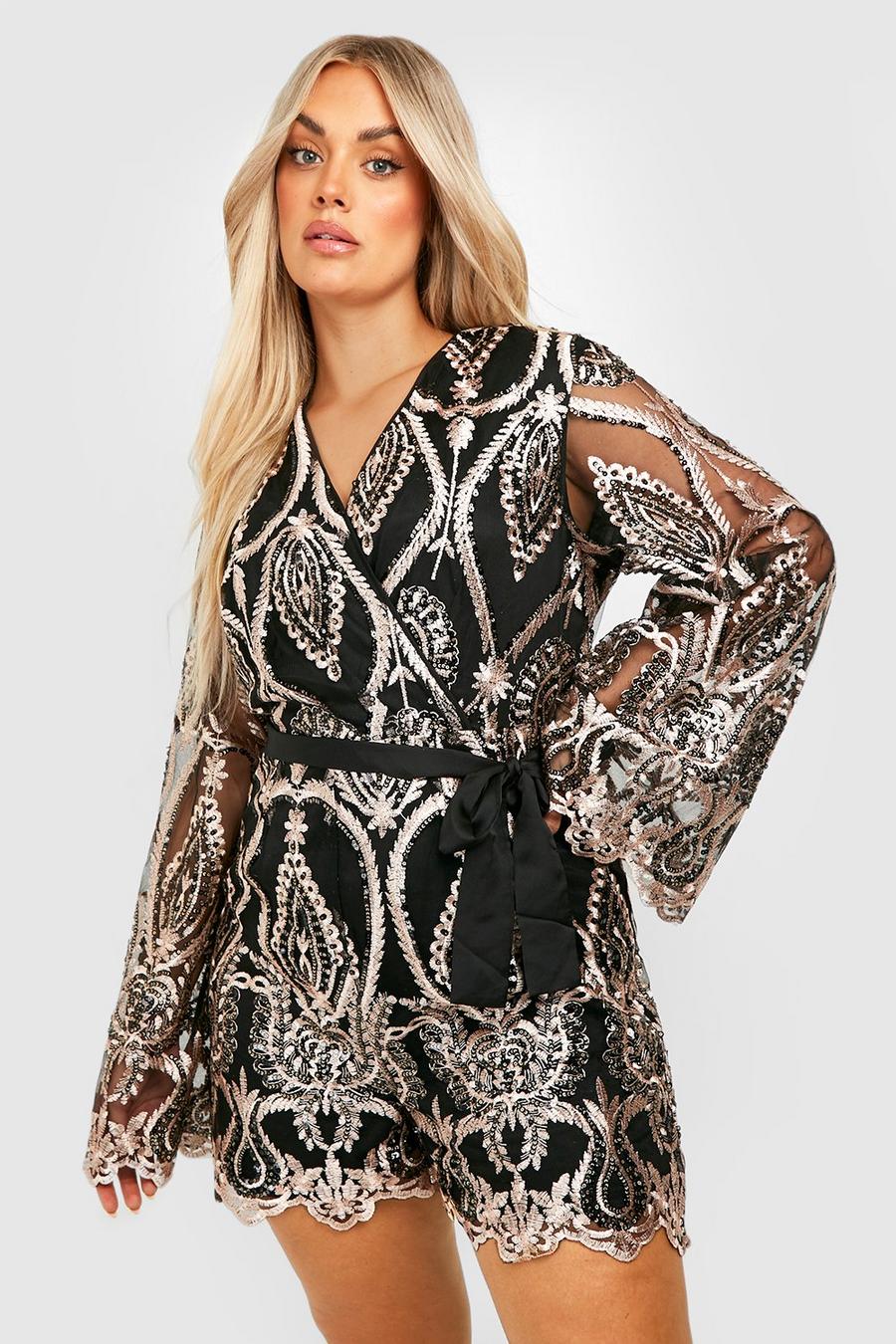 Champagne Plus Damask Sequin Wrap Playsuit  image number 1