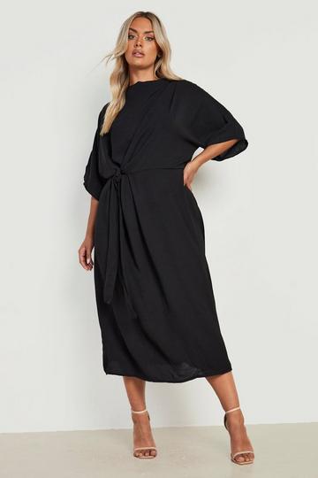 Plus Textured Knot Front Cowl Neck Midi Dress black