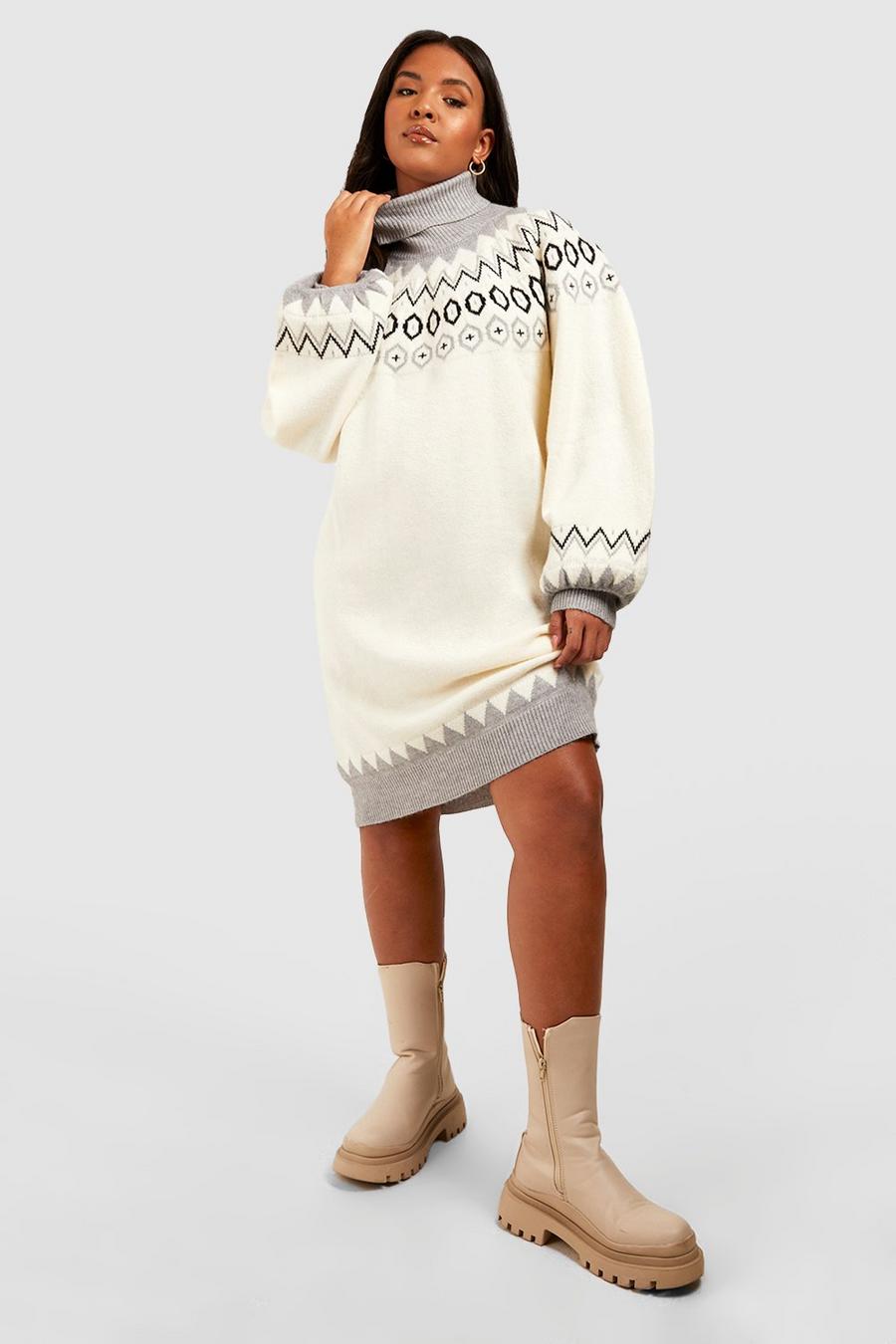Cream Plus Fairisle Roll Neck Knitted Jumper Dress image number 1