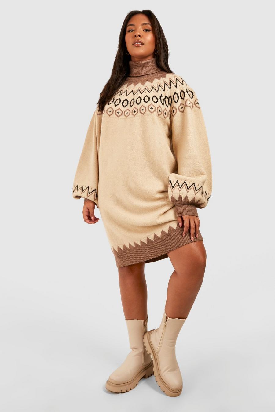 Stone Plus Fairisle Turtleneck Knitted Sweater Dress image number 1