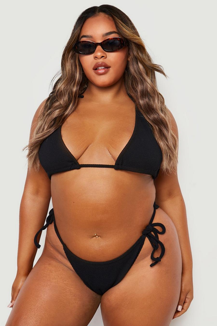 Bikini Plus Size a triangolo ampio effetto goffrato, Black negro