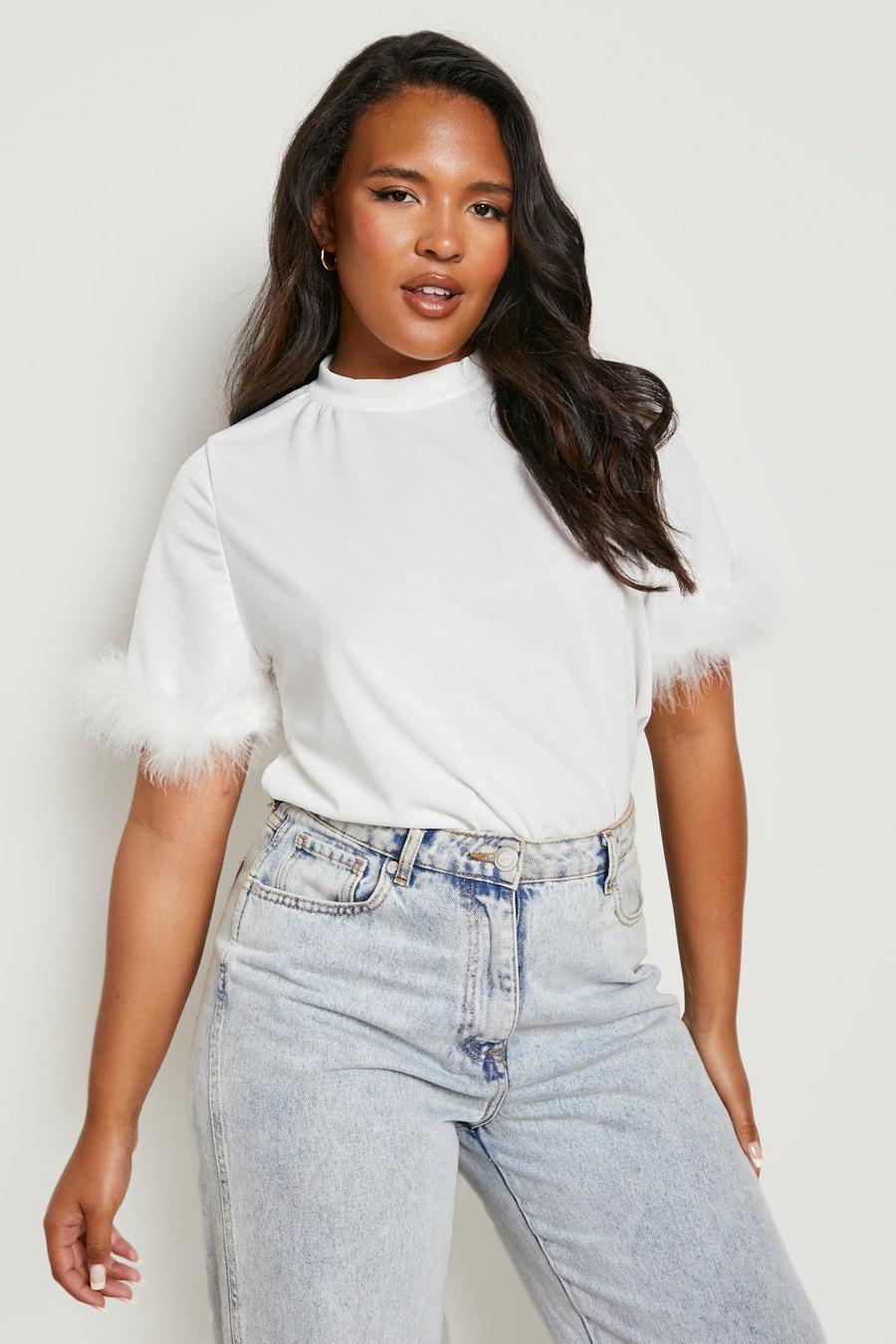 White Plus Feather Trim T-shirt image number 1