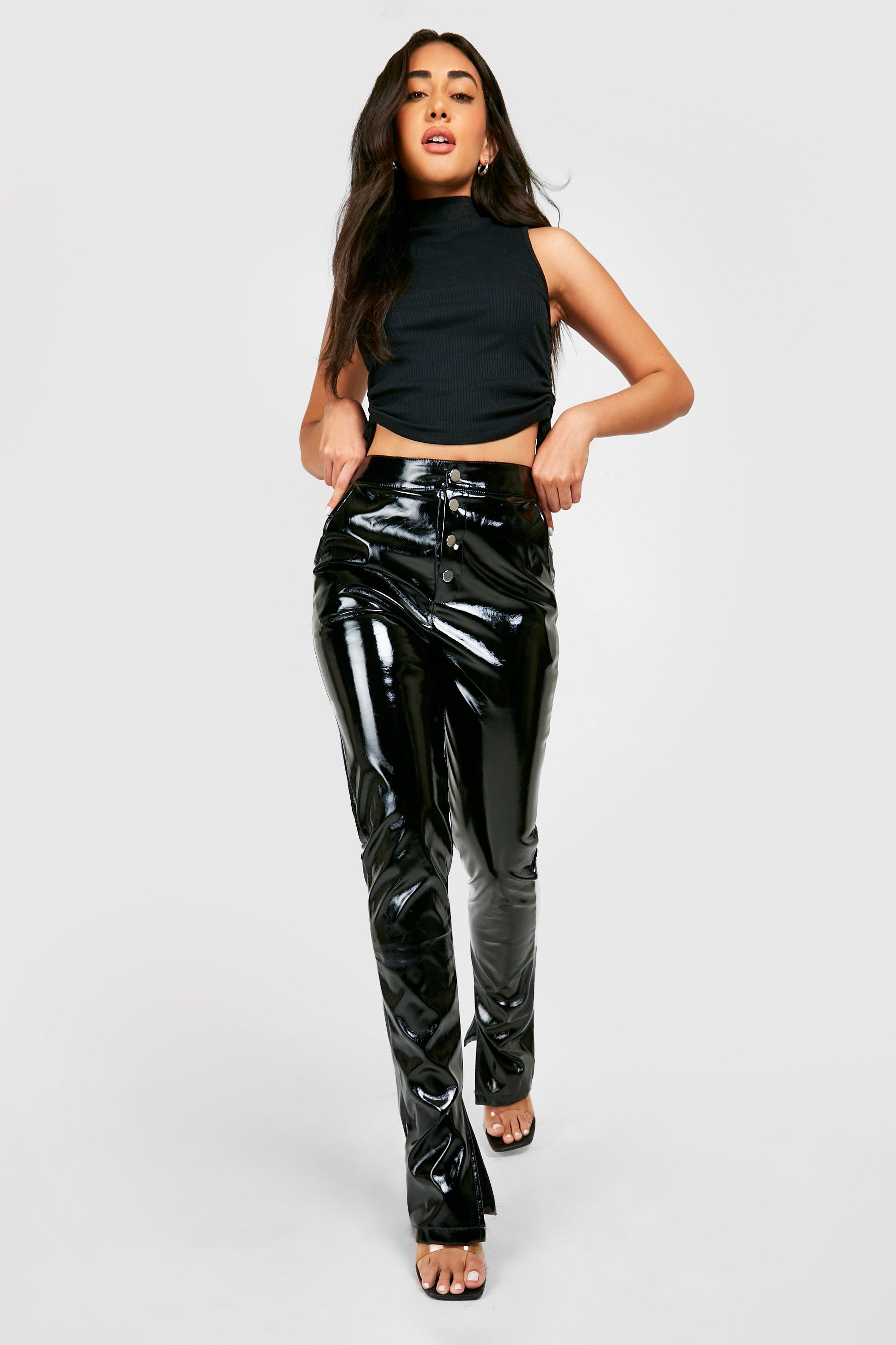 black vinyl split hem skinny trousers