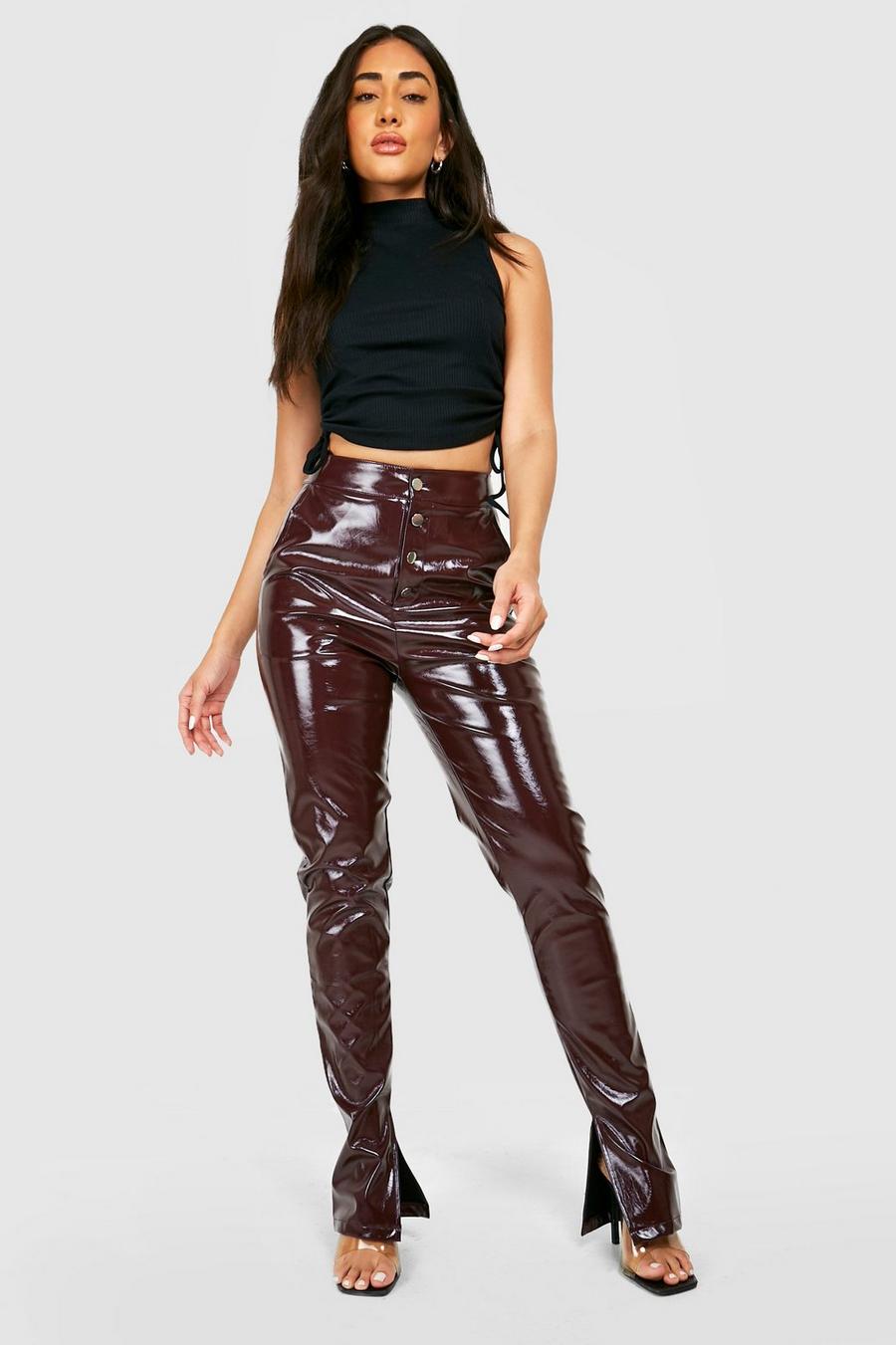 Pantaloni Skinny Fit in vinile con spacco sul fondo, Burgundy image number 1
