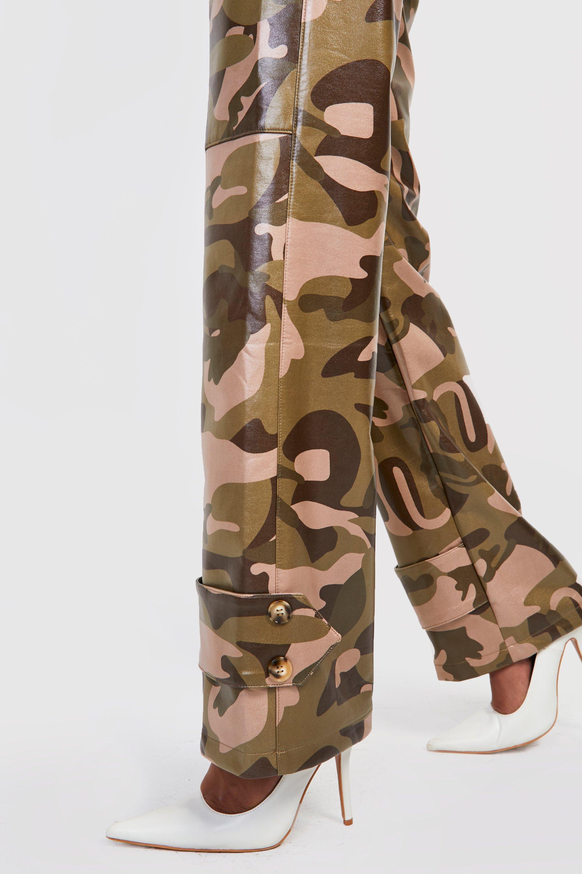 Camo Faux Leather Cargo Trousers