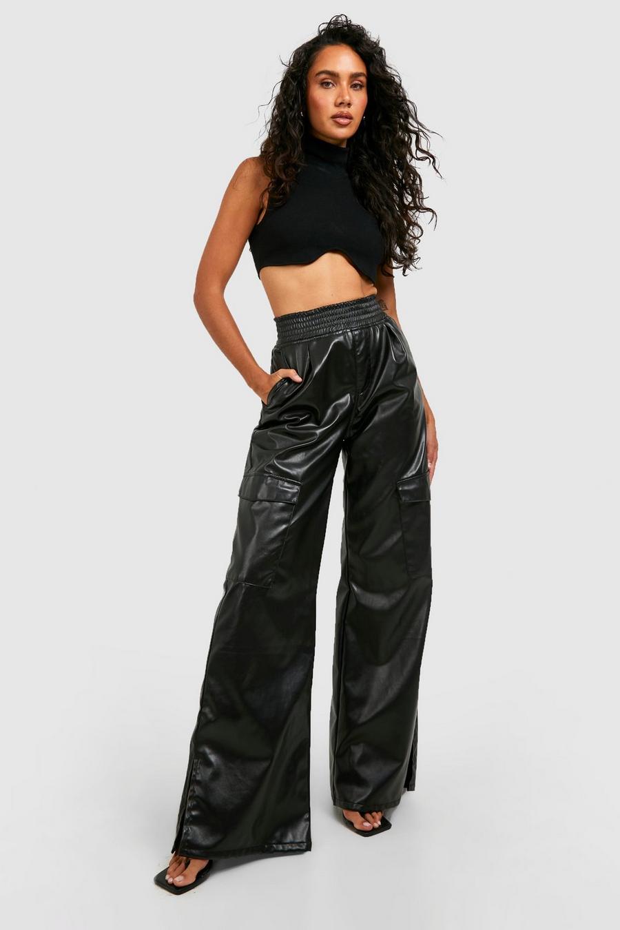 Black High Waist Leather Look Split Hem Cargo Trousers image number 1