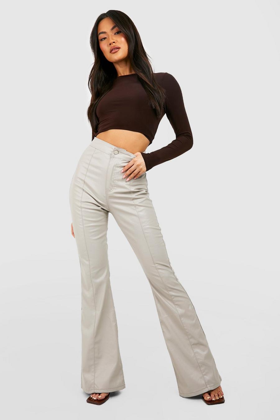 Stone Seam Front Split Hem Flared Faux Leather Trousers image number 1
