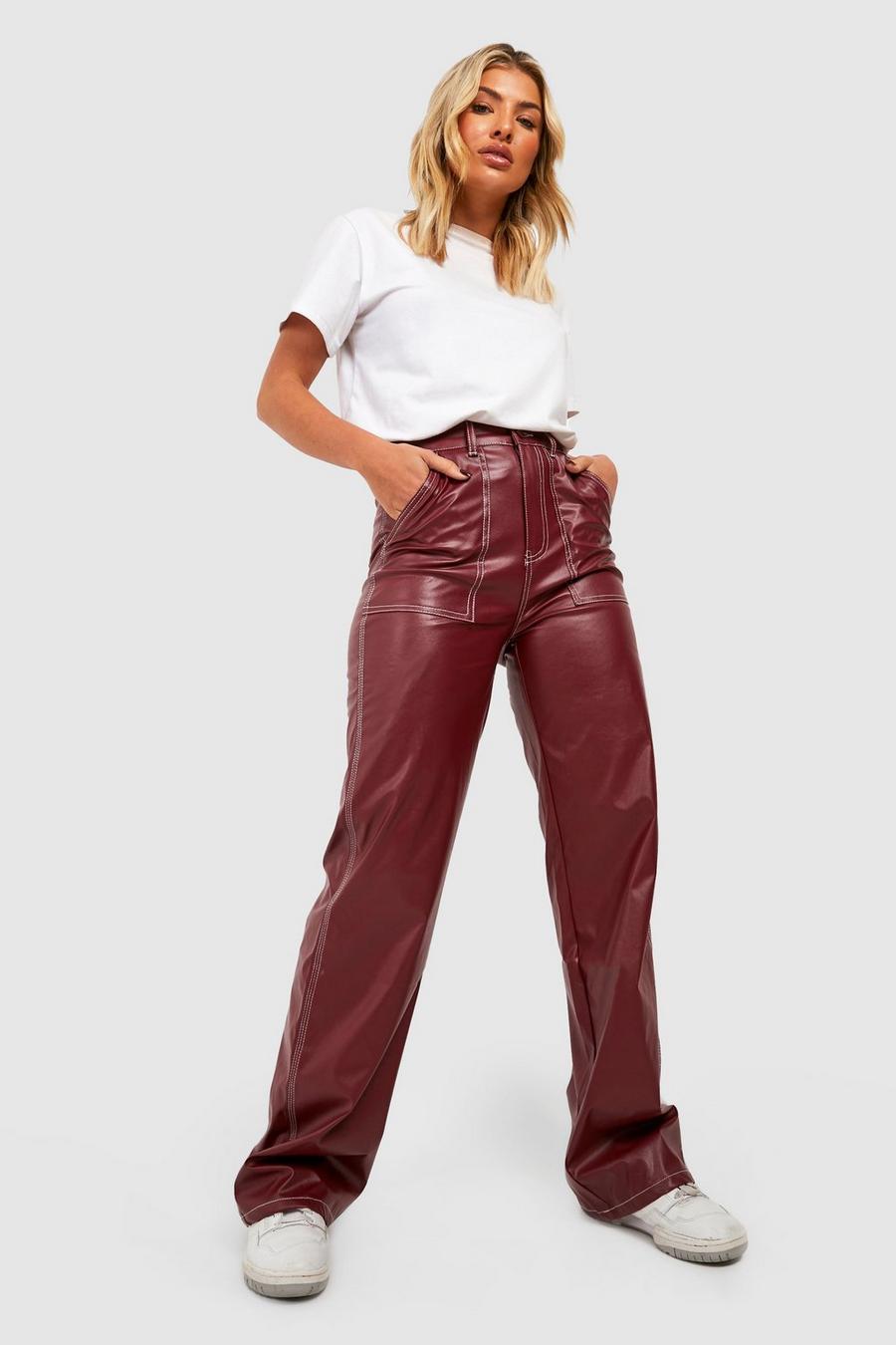 Oxblood Contrast Stitch Faux Leather Carpenter Trouser image number 1