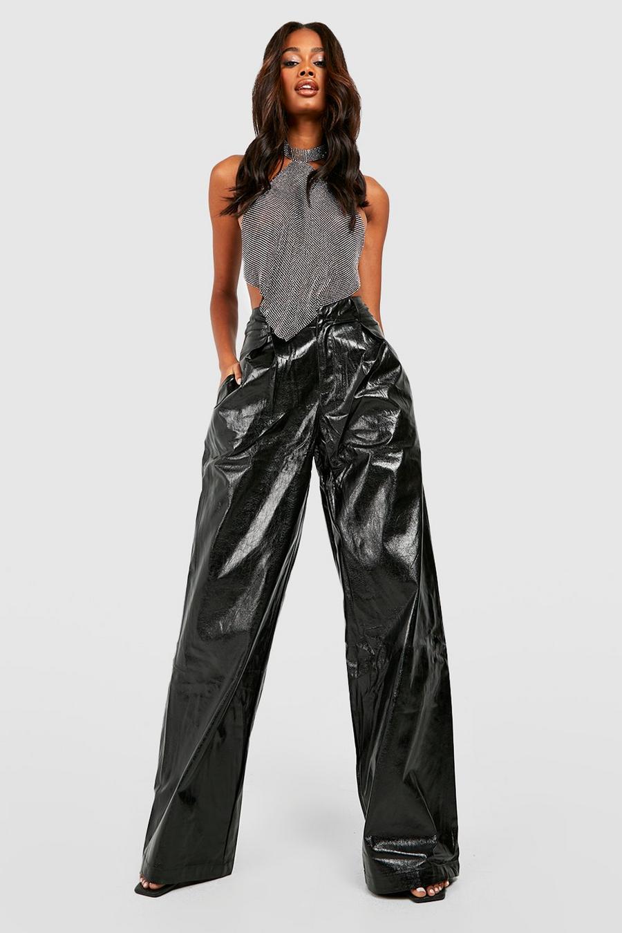Black Metallic Faux Leather High Rise Pants image number 1
