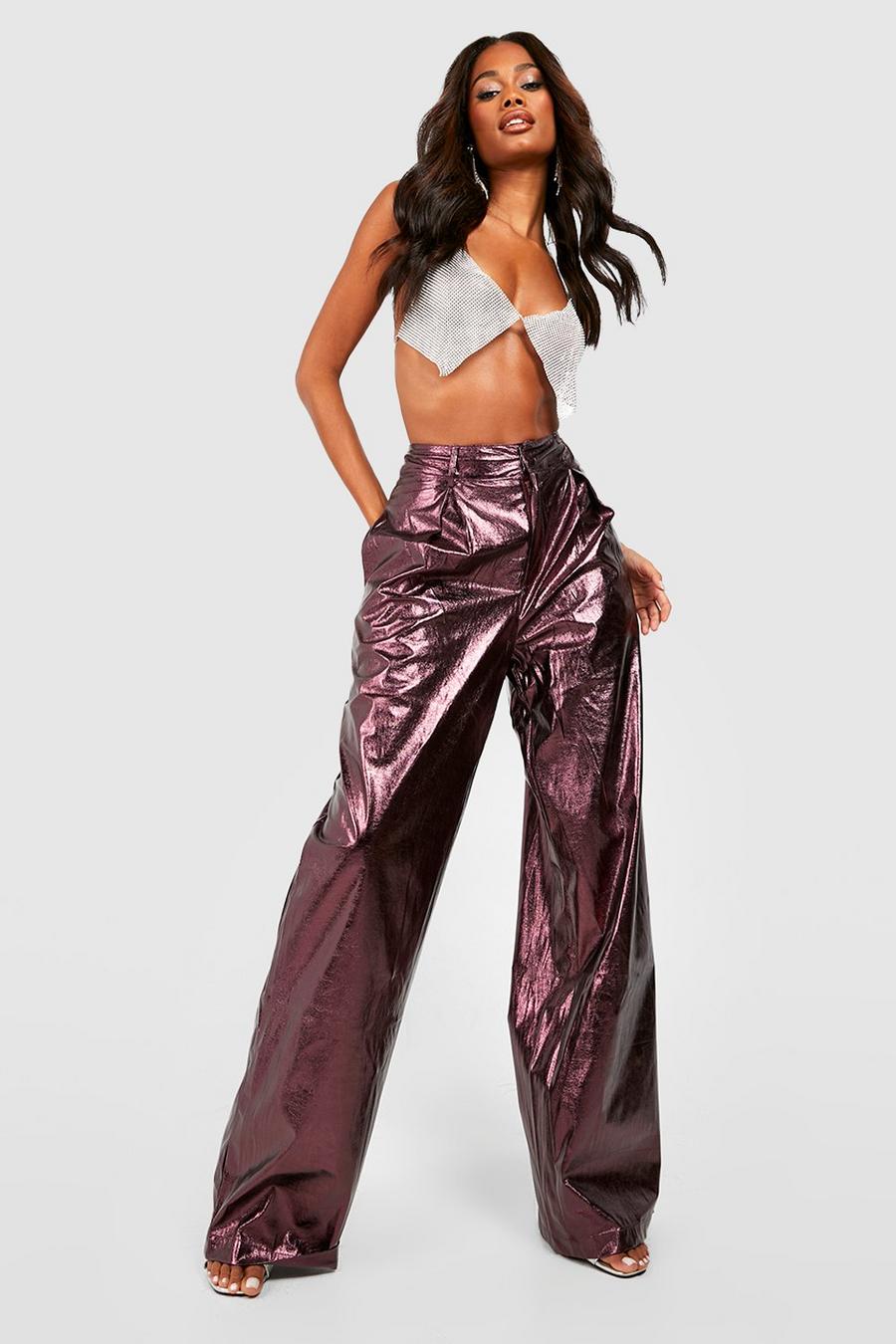 Pantalon métallisé taille haute en simili, Purple image number 1