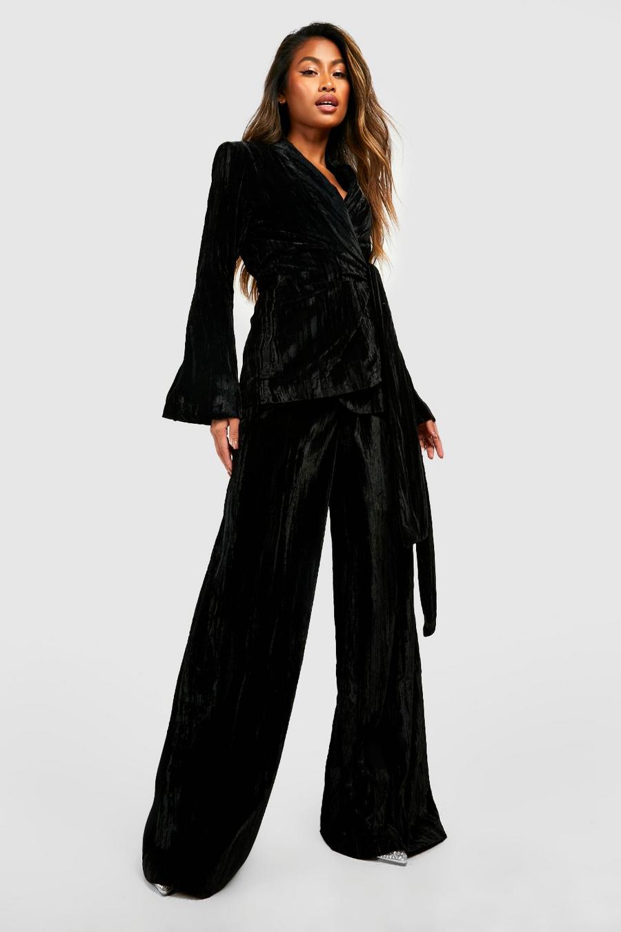 Pantalon large taille haute en velours, Black noir image number 1