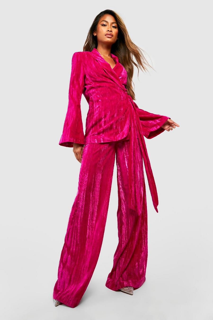 Pantalon large taille haute en velours, Hot pink image number 1