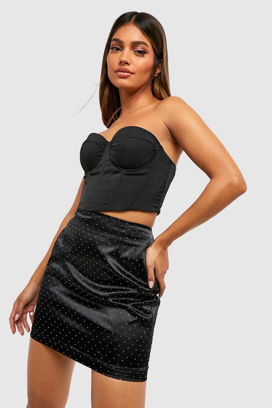 Minifalda de raso con incrustaciones, Black image number 1