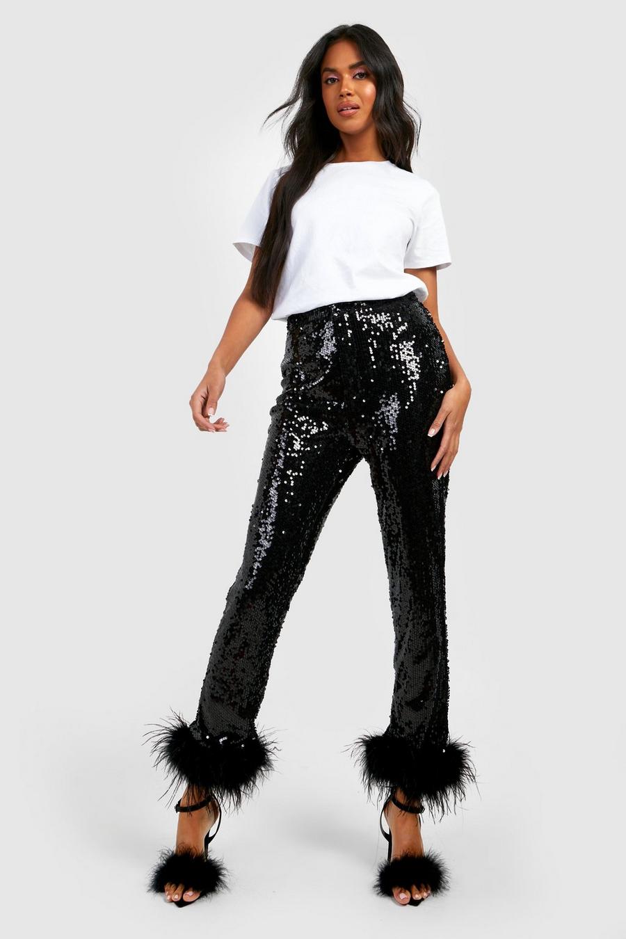 Black Premium Feather Sequin High Waist Trouser image number 1