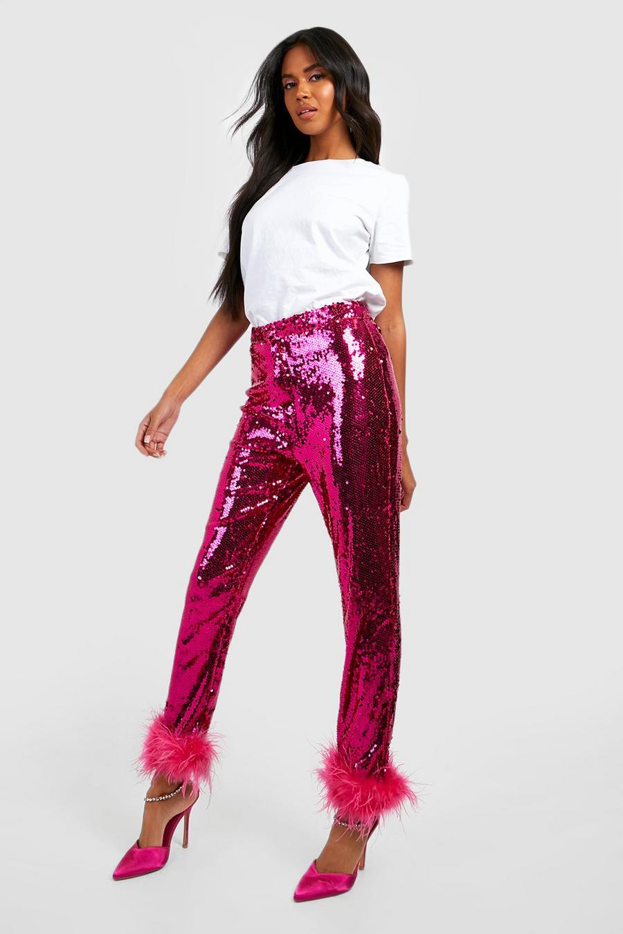 Hot pink Premium Feather Sequin High Waist Pants image number 1