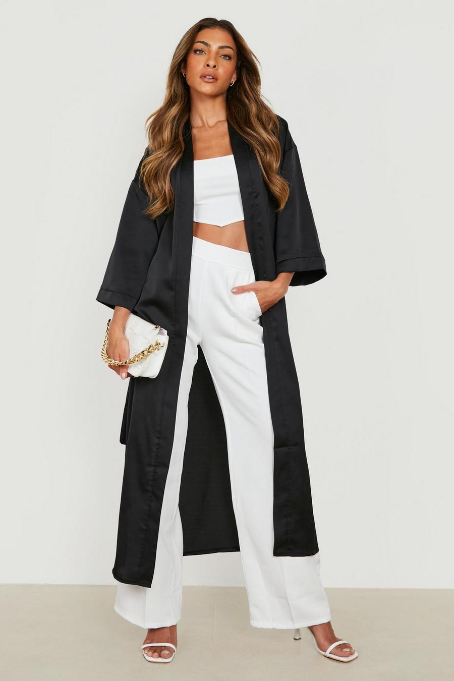 Kimono in raso con cintura, Black negro