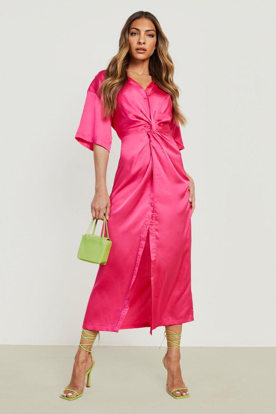 Pink Satin Twist Front Midi Shirt Dress