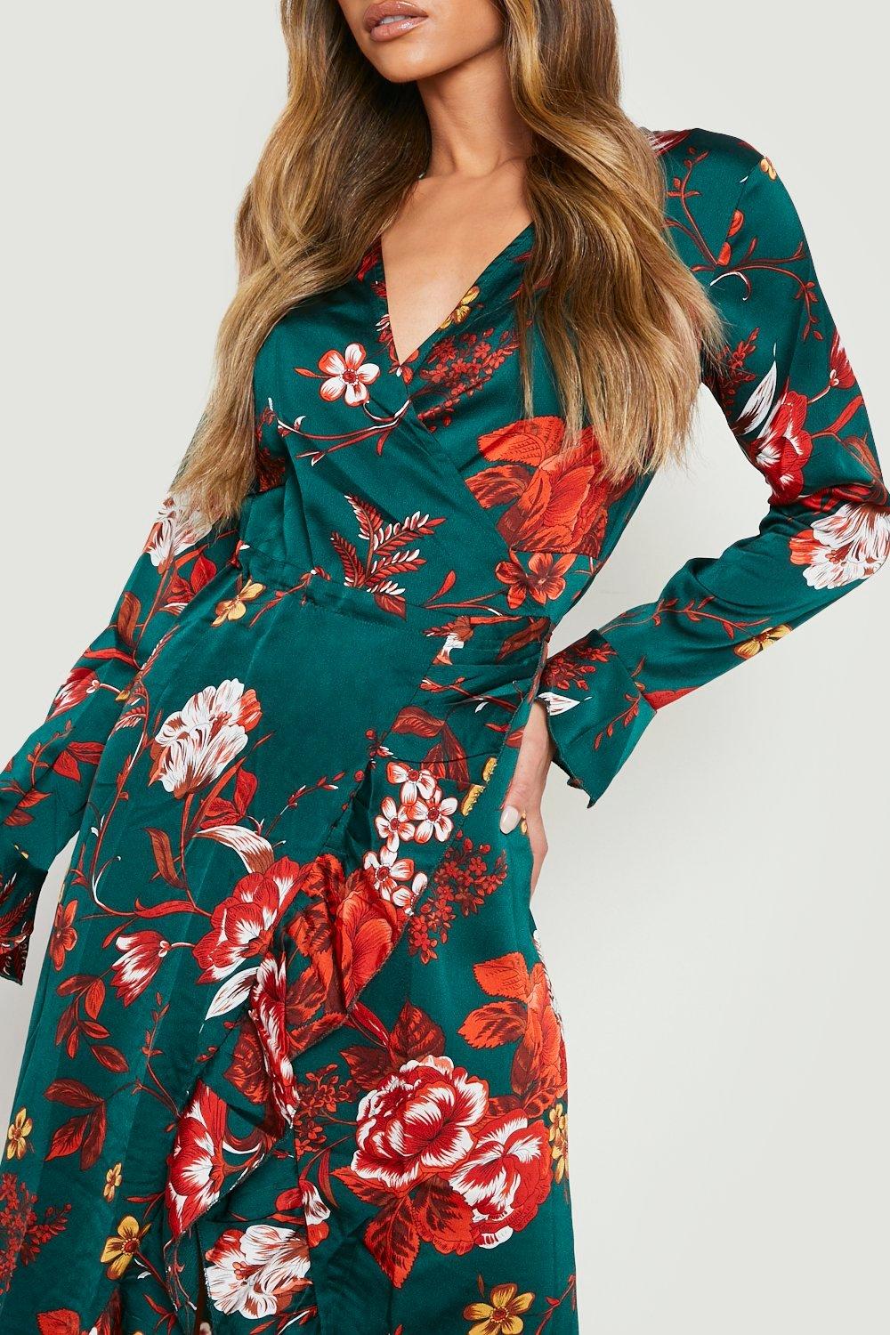 Satin Floral Ruffle Wrap Midi Dress boohoo IL