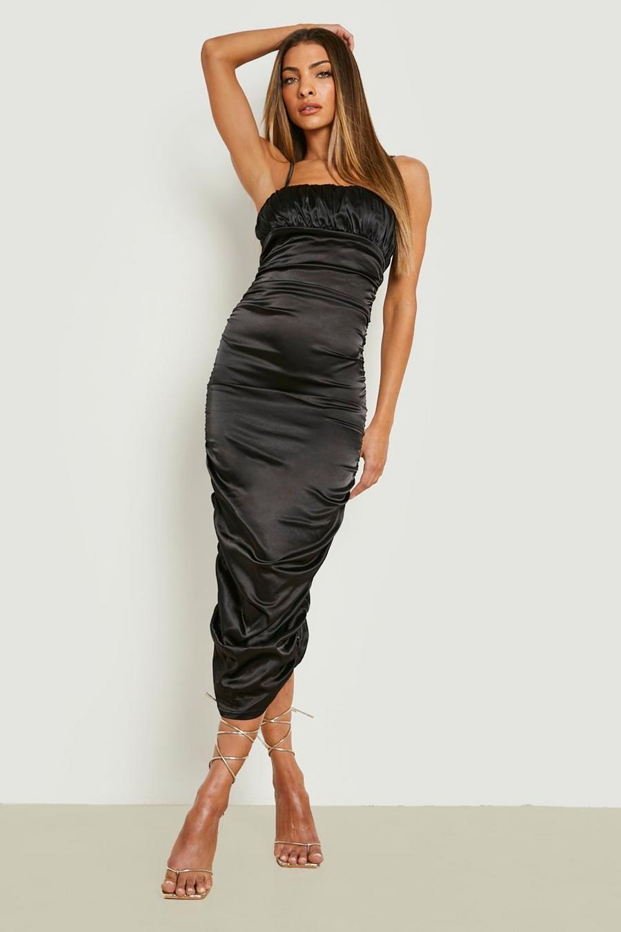 Black Satin Ruched Detail Midi Dress image number 1