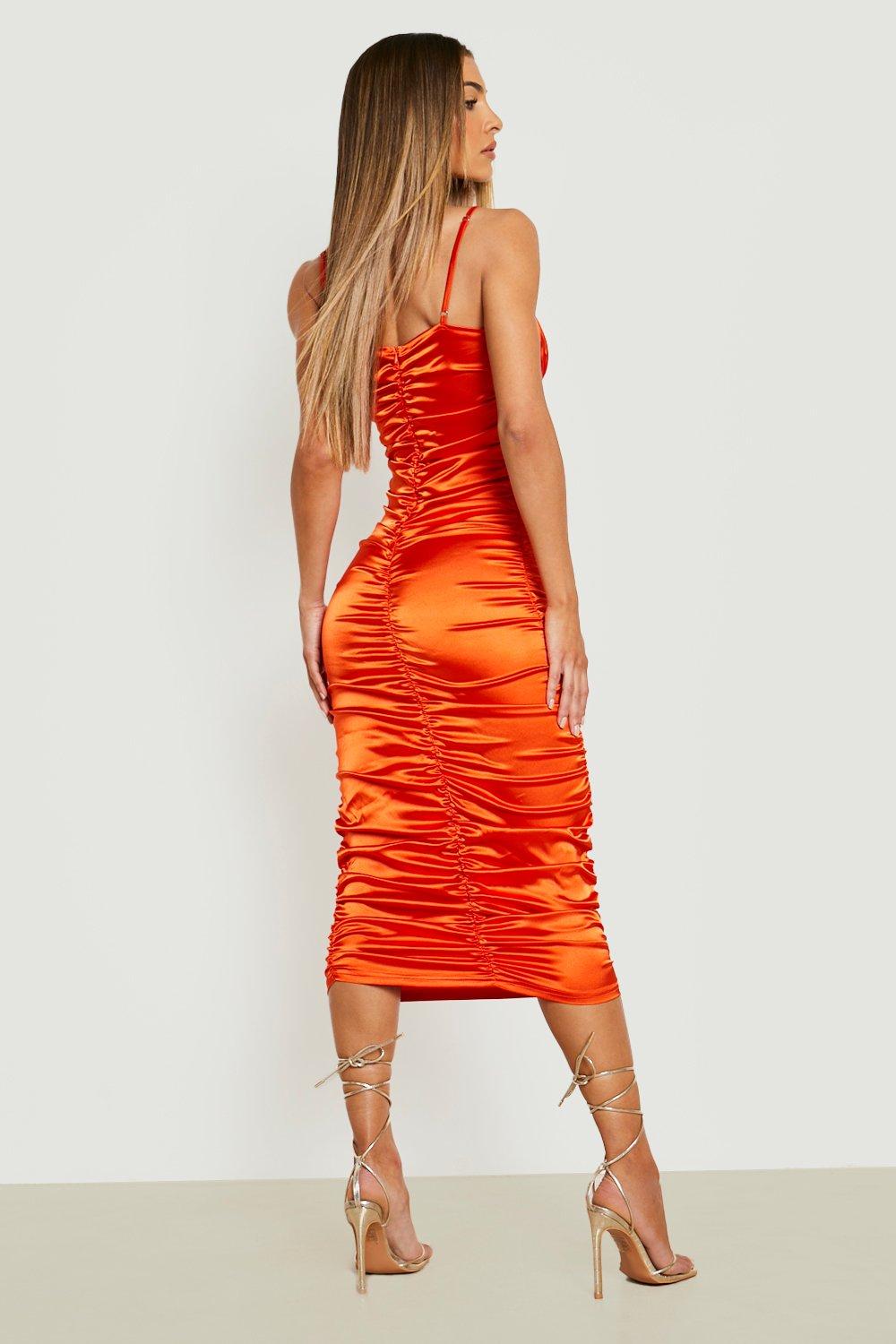 orange satin ruched dress