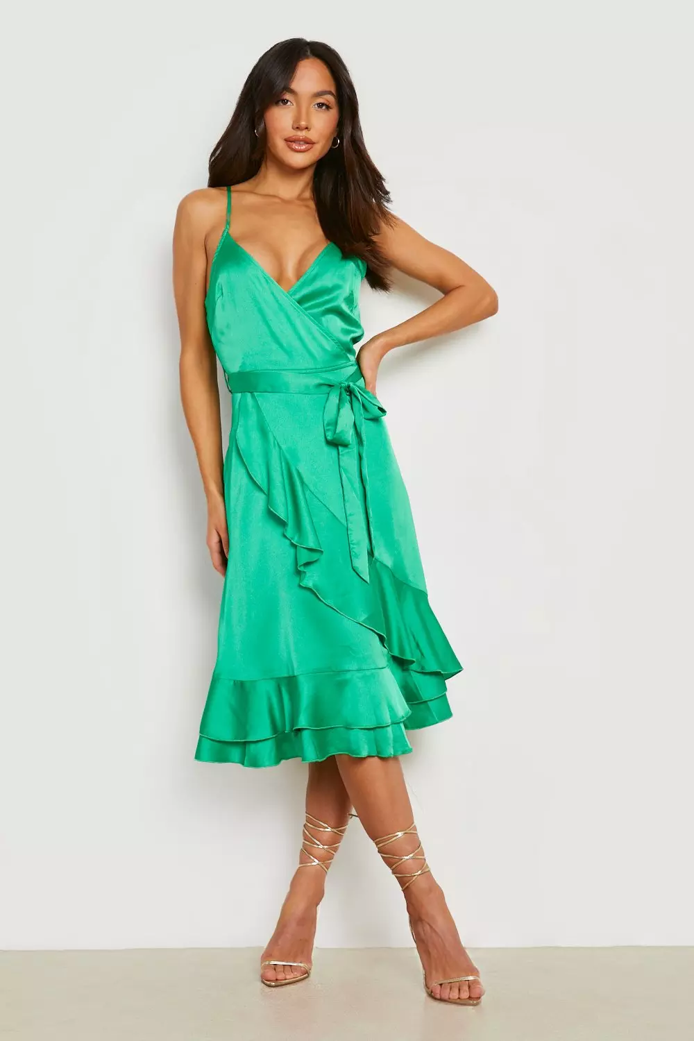 Satin frill wrap dress deals