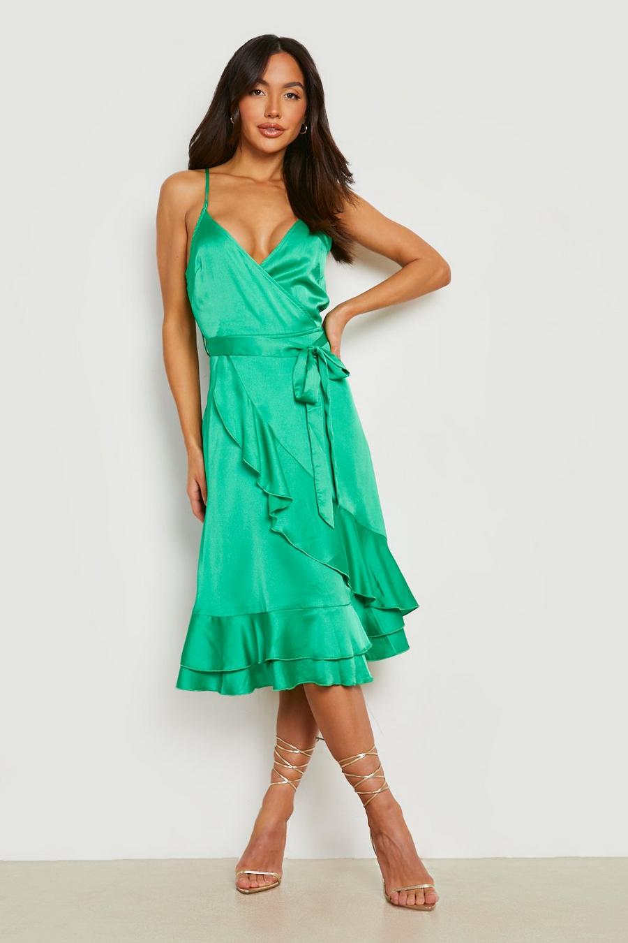 Green Satin Frill Skirt Wrap Midi Dress