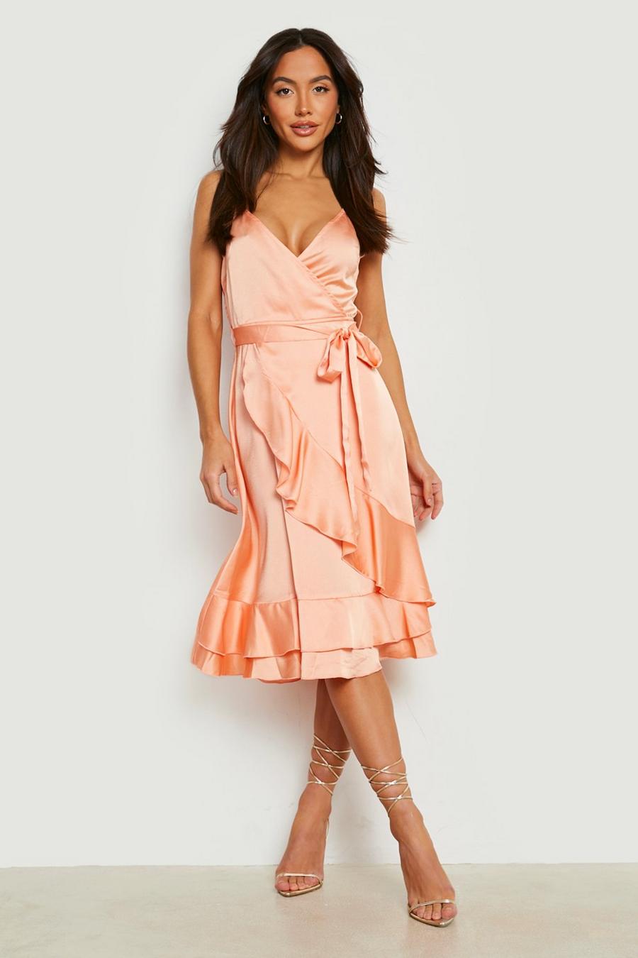 Peach orange Satin Frill Skirt Wrap Midi Dress