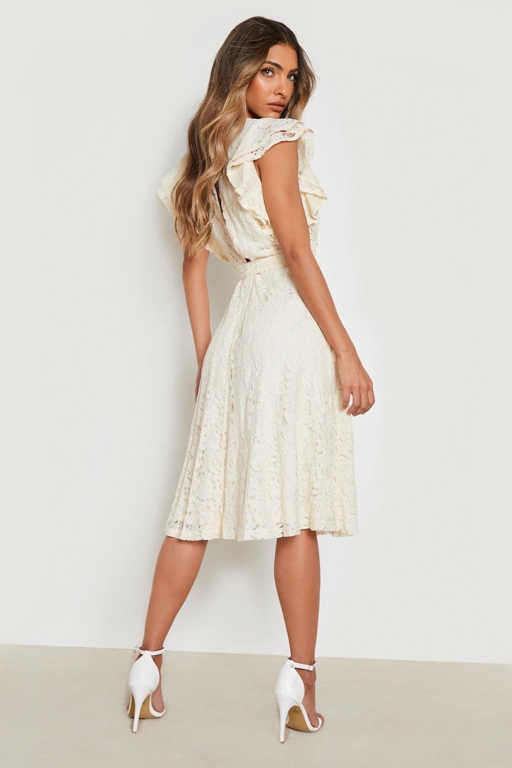 Boohoo lace skater dress with flared cuffs in clearance white