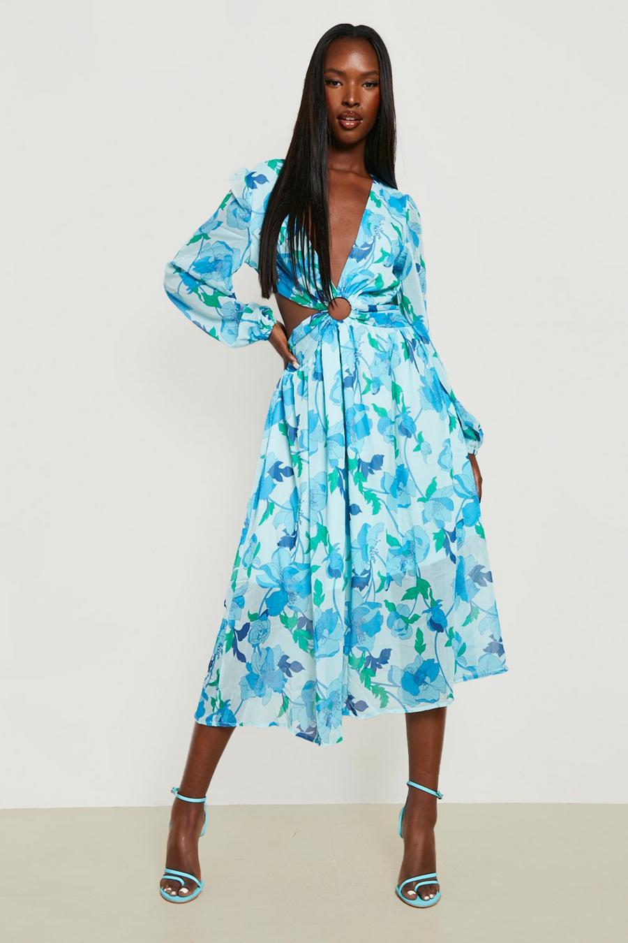 Blue Woven Floral Cut Out Maxi Dress  image number 1