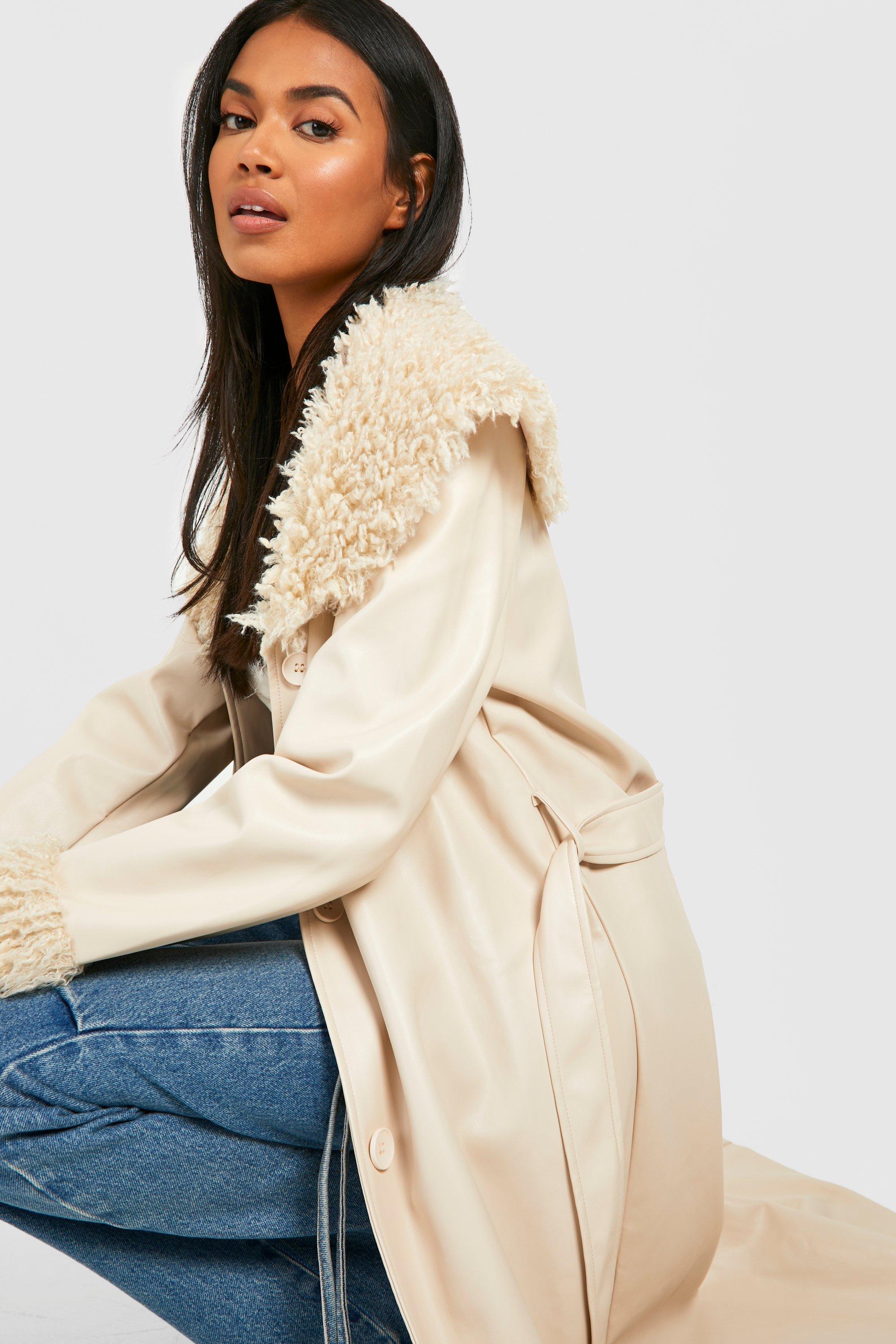 Cream PU Contrast Faux Fur Belted Short Jacket